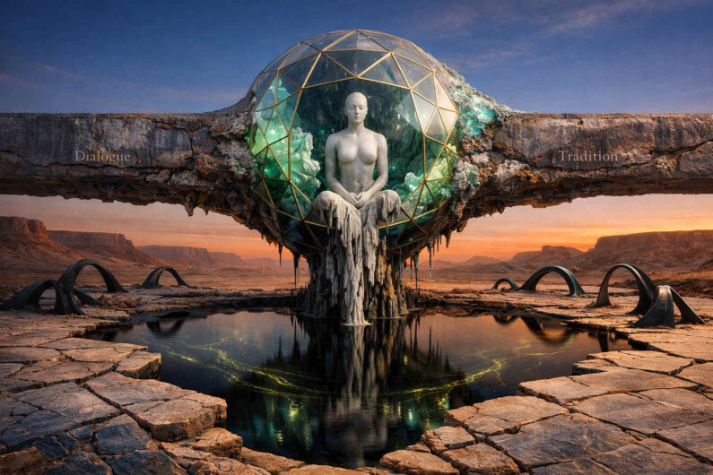 Eine weiße weibliche Statue sitzt meditierend in einer gläsernen Kristallkuppel, die in eine gewaltige Steinbrücke eingelassen ist. Unter ihr spiegelt sich schwarzes Wasser in einer kargen Wüstenlandschaft bei Sonnenuntergang. Die Worte „Dialogue“ und „Tradition“ erscheinen links und rechts auf dem Felsen. Die Szene verbindet futuristische Architektur mit spiritueller Ruhe und archaischer Einsamkeit.