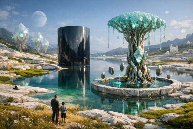 Surreale Landschaft mit einem leuchtenden Baum aus Glas und Wurzeln, der in einem runden Wasserbecken wächst. Schwebende Kristalle umkreisen den Stamm, während ein schwarzer zylindrischer Monolith am Seeufer steht. Zwei Menschen betrachten die Szene aus der Ferne zwischen weißen Felsen und türkisfarbenem Wasser. Die Atmosphäre verbindet friedliche Natur mit rätselhafter futuristischer Symbolik.