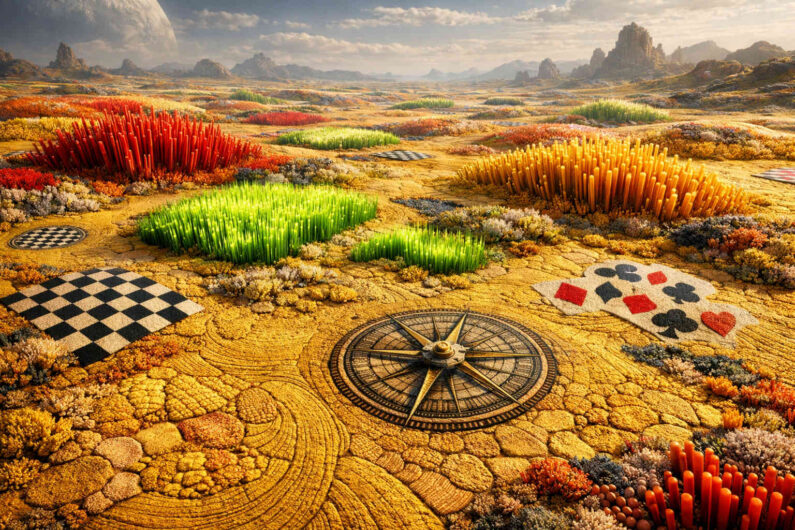Weite fremdartige Landschaft mit leuchtenden roten, grünen und goldenen Kristallfeldern unter einem fernen Himmel. In den Boden sind Spielkarten-Symbole, Schachmuster und eine große Kompassrose eingelassen. Die Oberfläche wirkt trocken und mosaikartig strukturiert. Die Szene erinnert an eine surreale Mischung aus Brettspiel, Wüste und außerirdischem Garten.