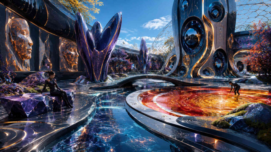 Futuristische Parklandschaft mit spiegelnden schwarzen und violetten Strukturen, riesigen maskenartigen Gesichtern und einem leuchtenden roten Energiebecken. Menschen bewegen sich zwischen organisch wirkender Architektur und reflektierenden Wasserflächen. Die Szene verbindet Science-Fiction, Luxus und surrealistische Monumentalität unter hellem blauem Himmel. Goldene Lichtadern durchziehen die glatten Oberflächen und erzeugen eine geheimnisvolle Atmosphäre.