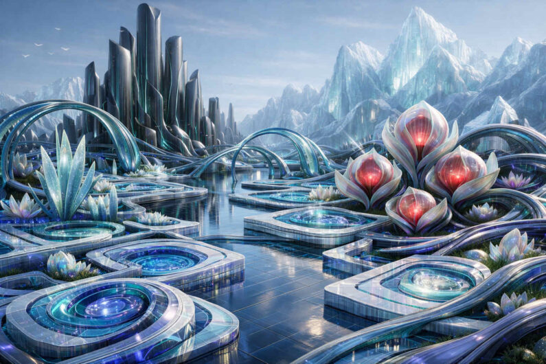 Futuristische Stadtlandschaft aus geschwungenen silberblauen Formen und spiegelnden Wasserbecken vor hohen Eisbergen. Riesige blütenartige Gebilde mit rotem Leuchten wachsen zwischen den architektonischen Strukturen. Die gesamte Szenerie wirkt kühl, klar und hochentwickelt. Gläserne Bögen verbinden die verschiedenen Ebenen der Anlage.