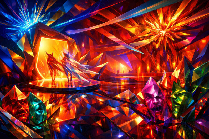 Farbenexplosion aus prismatischen Formen und gläsernen Flächen erfüllt eine fantastische Halle voller Licht. Kristallartige Gesichter und geometrische Skulpturen ragen aus roten, blauen und violetten Strukturen hervor. Im Zentrum steht ein leuchtendes tierähnliches Wesen auf einer Plattform vor einem hellen Tor. Spiegelungen und harte Farbkontraste erzeugen eine intensive traumartige Wirkung.