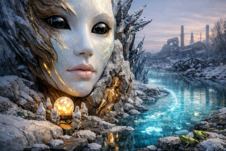 Ein riesiges, puppenhaftes Gesicht mit schwarzen Augen ragt aus einer verschneiten Kristalllandschaft hervor. Neben einem leuchtenden goldenen Objekt sitzen kleine Figuren am Rand eines türkisfarbenen Flusses. Im Hintergrund zeichnen sich verlassene Industrieanlagen ab, wodurch Kälte, Schönheit und Verfall miteinander verschmelzen.
