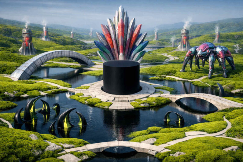Futuristische Landschaft mit einem schwarzen Rundbau, hinter dem eine große bunte Kristallformation emporragt. Mehrere elegante Steinbrücken verbinden die Wasserflächen eines symmetrischen Gartens. Dunkle organische Gebilde mit grünem Leuchten tauchen aus dem Wasser auf. Rechts steht eine riesige metallische Kreatur inmitten sanfter grüner Hügel.