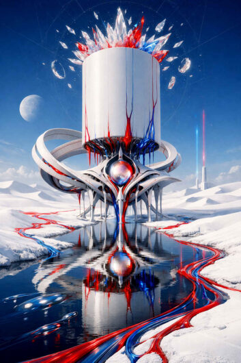 Futuristischer weißer Turm in einer eisigen Landschaft, umgeben von schwarzen Wasserflächen und leuchtenden roten sowie blauen Energiebändern. Über der zylindrischen Struktur explodieren kristallartige Formen in den Himmel. Spiegelungen im dunklen Wasser verstärken die symmetrische Wirkung der Szene. Die Komposition wirkt wie ein technologisches Heiligtum in einer stillen arktischen Welt.