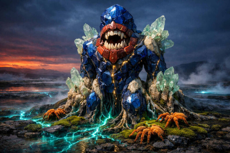 Ein monströses Wesen aus blauen Kristallen und Gestein sitzt in einer dampfenden Landschaft voller leuchtender Spalten. Sein riesiger Mund mit scharfen Zähnen dominiert die Komposition. Umgeben ist es von fremdartigen Kristallen und kleinen spinnenartigen Kreaturen. Die Szene wirkt bedrohlich, archaisch und zugleich märchenhaft künstlich.