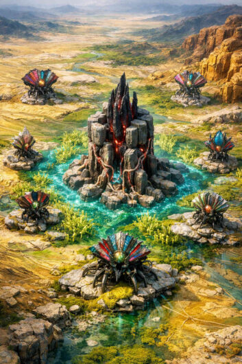 Fantastische Luftansicht einer trockenen Landschaft mit türkisfarbenen Wasserbecken und schwarzen Kristallformationen. Mehrere fremdartige Maschinenwesen stehen kreisförmig um ein zentrales Gesteinsmonument. Rote leuchtende Adern ziehen sich durch die dunklen Felsen. Die Umgebung wirkt wie ein außerirdisches Energiezentrum.