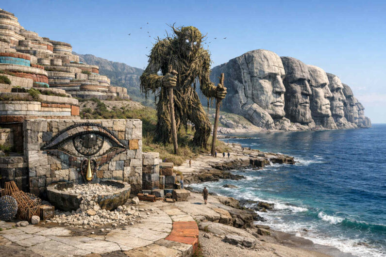 Eine felsige Küstenlandschaft zeigt monumentale Steingesichter entlang des Meeres und eine gigantische humanoide Gestalt aus Ästen und Wurzeln. Im Vordergrund schmückt ein großes Mosaikauge eine steinerne Struktur nahe dem Wasser. Die Szene wirkt wie eine Mischung aus Mythologie, Naturkult und verlorener Zivilisation.