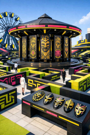 Ein geometrisches Labyrinth in Schwarz, Gelb und Pink führt zu einem runden Pavillon mit großen stilisierten Maskenmotiven. Mehrere Menschen bewegen sich zwischen den hohen Wänden der Anlage. Im Vordergrund liegen kunstvolle Masken auf einem Sockel aus dunklem Material. Ein Riesenrad erhebt sich hinter der futuristischen Szenerie unter klarem Himmel.