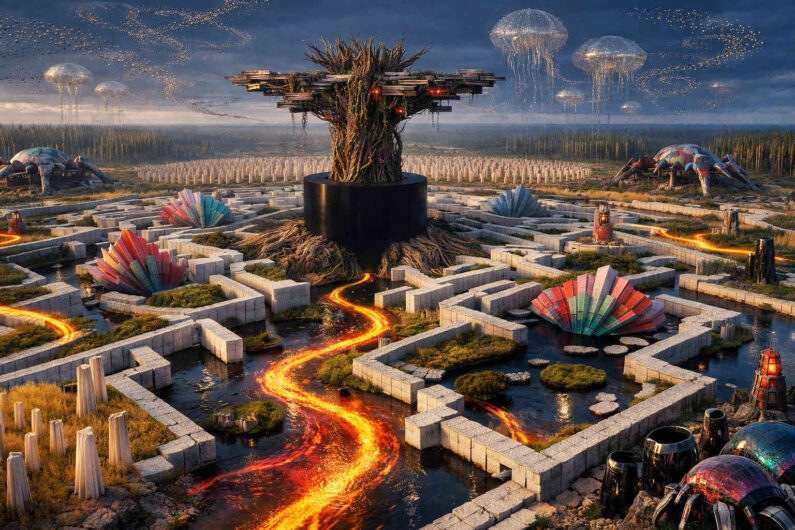 Weitläufiges geometrisches Labyrinth aus hellen Steinmauern, durchzogen von glühenden orangefarbenen Wasserläufen. In der Mitte erhebt sich ein dunkler organischer Turm mit wurzelartigen Strukturen. Über der Ebene schweben riesige quallenartige Wesen im Himmel. Bunte kristallartige Fächer und futuristische Kuppeln setzen leuchtende Akzente in der Landschaft.