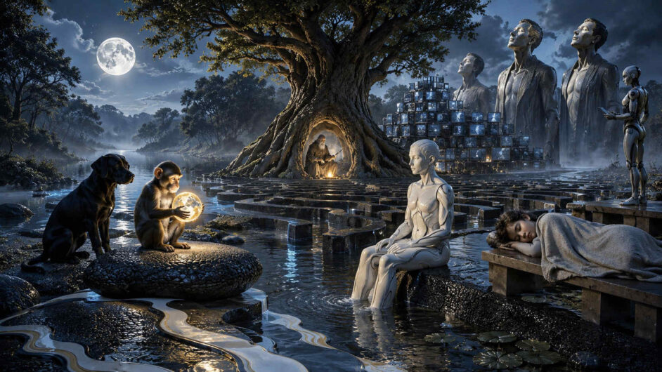 Unter einem hellen Vollmond breitet sich eine surreale Landschaft aus Wasser, Steinwegen und dunklen Labyrinthen aus. Ein kleiner Affe hält eine leuchtende Kugel in den Händen, während daneben ein schwarzer Hund aufmerksam in die Ferne blickt. Im Zentrum sitzt eine weiß glänzende humanoide Figur ruhig im Wasser und wirkt wie eine nachdenkliche Maschine. Hinter ihr ragen gigantische menschliche Büsten und ein Turm aus alten Bildschirmen aus dem Nebel empor. In einem hohlen Baum sitzt eine alte Person am Feuer, verborgen wie ein Hüter geheimer Erinnerungen. Die gesamte Szene wirkt wie ein Traum über Bewusstsein, Evolution und die Beziehung zwischen Mensch, Tier und künstlichem Leben.