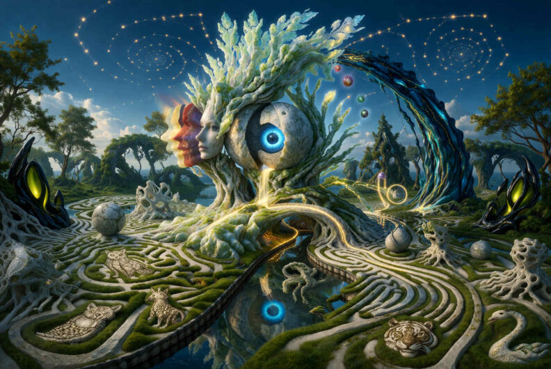 Eine surreale Landschaft aus verschlungenen Wegen und Wasserläufen umgibt ein gigantisches Wesen aus Gesichtern, Wurzeln und einem riesigen Auge. Sternbilder spiralförmig angeordneter Lichtpunkte schweben über der Szene. Tiere, Kugeln und organische Formen sind in das labyrinthartige Gelände eingebettet. Die Komposition erinnert an einen Traum über Bewusstsein, Natur und kosmische Wahrnehmung.