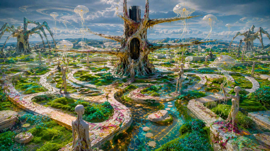 Eine riesige futuristische Gartenanlage aus weißen Wegen, grünen Moospolstern und organisch gewachsenen Türmen erstreckt sich bis zum Horizont. Im Zentrum erhebt sich ein komplexes baumartiges Bauwerk mit langen ausgreifenden Armen und dunklem Kern. Zahlreiche humanoide Figuren stehen entlang der labyrinthartigen Wege und wirken wie stille Bewohner oder Beobachter. Über der Landschaft schweben transparente quallenartige Formen mit goldenen Zentren. Wasserkanäle durchziehen die Szene und reflektieren das helle Tageslicht. Das Bild vermittelt den Eindruck einer biologisch gewachsenen Zivilisation zwischen Natur, Technik und Ritual.