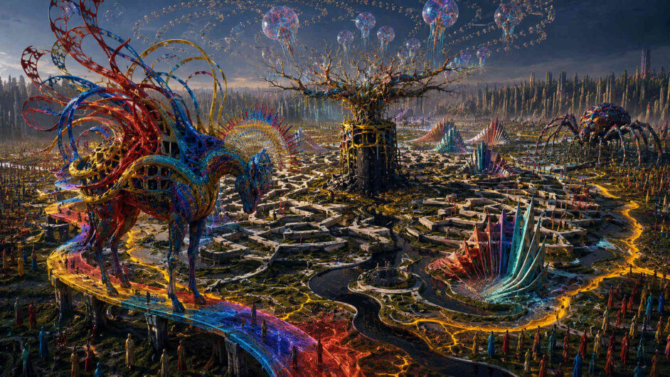 Ein gigantisches Labyrinth breitet sich unter einem düsteren Himmel aus, durchzogen von glühenden goldenen Linien und surrealen Farbstrukturen. Riesige tierartige Wesen aus roten, blauen und goldenen Formen stehen auf Brücken über der fremdartigen Landschaft. In der Mitte erhebt sich ein kahler Baum auf einem schwarzen Turm, über dem transparente Kugeln schweben. Überall wachsen kristallartige Gebilde und bizarre Konstruktionen aus Licht und Metall. Das Bild erinnert an eine außerirdische Zivilisation zwischen Ritual, Technik und Fantasie.