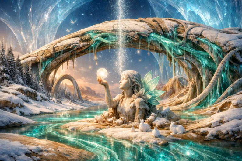 Fantastische Winterlandschaft mit leuchtendem Wasserlauf, gewaltigen steinernen Bögen und einem kindlichen Wesen mit transparenten Flügeln. Die Figur hält eine strahlende Kugel in der Hand, während Schnee, Sterne und Lichtpartikel die Szene erfüllen. Türkisfarbene Energieadern fließen durch Felsen und Eisformationen. Die Bildwelt wirkt märchenhaft, friedlich und kosmisch zugleich.