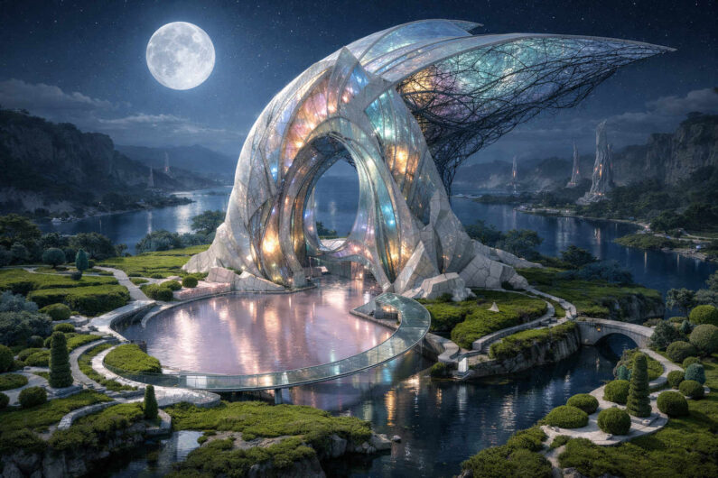Fantastisches Bauwerk aus glasartigen Bögen und schimmernden Flächen erhebt sich an einem stillen See unter Vollmond. Geschwungene Wege und Brücken führen durch sorgfältig angelegte Gartenlandschaften. Farben in Blau, Silber und Pastelltönen spiegeln sich im Wasser. Die Szene erinnert an eine futuristische Kathedrale in einer Traumwelt.