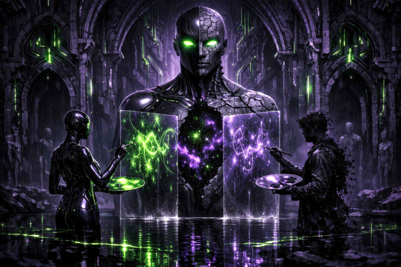 Zwei humanoide Wesen erschaffen in einer gotischen Ruine leuchtende Muster auf transparenten Tafeln vor einer gespaltenen Figur. Der Körper der zentralen Gestalt öffnet sich zu einem violetten Sternenraum voller kosmischer Partikel. Grünes und violettes Licht spiegeln sich im Wasser der Halle. Die Szene erinnert an ein sakrales Experiment zwischen Kunst und Schöpfung.