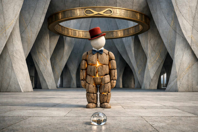 Eine kleine humanoide Figur aus rissigem Holz steht in einer monumentalen Halle aus grauen Betonbögen. Über ihr schwebt ein goldener Ring mit einem Unendlichkeitszeichen. Vor der Figur liegt eine gläserne Kugel auf dem Boden. Die Szene verbindet minimalistisches Design mit surrealer Symbolik und stiller Atmosphäre.
