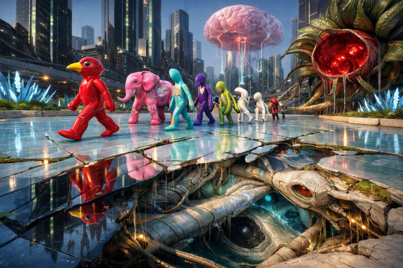 Farbige humanoide Figuren und ein rosa Elefant laufen über eine futuristische Plattform mit spiegelnder Oberfläche. Unter dem zerbrochenen Boden erscheint ein mechanisch-organischer Untergrund mit Rohren, Knochenstrukturen und einem riesigen Auge. Im Hintergrund leuchtet ein schwebendes Gehirn über einer modernen Megastadt. Rechts wächst eine riesige rote Pflanzenkreatur mit tentakelartigen Wurzeln.