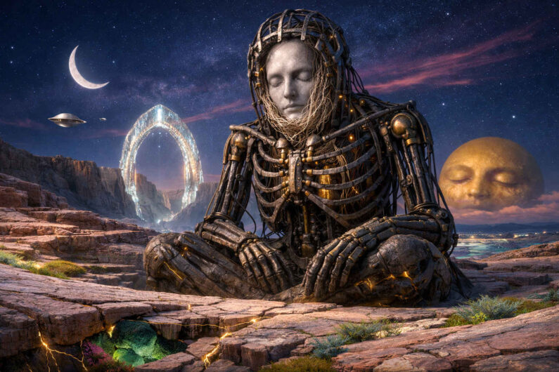 Große weibliche Figur aus Metall und Kabelstrukturen sitzt meditativ in einer felsigen Landschaft bei Nacht. Hinter ihr leuchtet ein gigantisches goldenes Gesicht am Himmel, daneben schweben kleine UFOs und ein heller Mond. Ein kristallines Portal erhebt sich in der Ferne über einer Schlucht. Die Szene verbindet spirituelle Ruhe mit futuristischer Technologie.