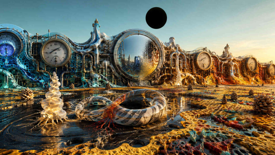 Unter einem klaren Himmel mit schwarzer Sonnenfinsternis erstreckt sich eine futuristische Anlage aus metallischen Bögen, Röhren und riesigen Zifferblättern. Im Vordergrund liegen glänzende ringförmige Objekte auf einer spiegelnden Oberfläche aus goldenen und blauen Strukturen. Die Architektur scheint aus flüssigem Metall gewachsen zu sein und verbindet technische Präzision mit organischen Formen. Kleine kristallartige Gebilde und bizarre Pflanzen verteilen sich über den Boden wie fremdartige Lebensformen. Licht reflektiert in den gekrümmten Spiegeln und erzeugt eine sterile, aber poetische Atmosphäre. Die Szene erinnert an eine verlassene Zeitmaschine in einer außerirdischen Wüste.