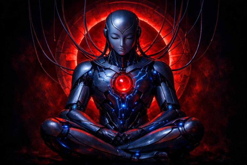 Futuristische androide Figur sitzt meditierend vor einem kreisförmig leuchtenden roten Hintergrund. Aus dem Rücken führen Kabelstränge nach außen wie technische Nervenbahnen. Im Zentrum der Brust glüht ein intensiver roter Energiekern. Dunkle Schatten und blaue Reflexe verstärken die cyberpunkartige Atmosphäre.