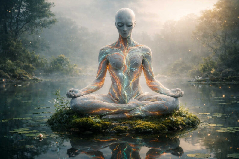Androgyne steinerne Gestalt sitzt meditierend auf einer kleinen Insel mitten in einem ruhigen Waldsee. Leuchtende Energieadern verlaufen orange und blau über den Körper und spiegeln sich im Wasser. Sanfter Nebel und warme Lichtstrahlen erzeugen eine stille, fast spirituelle Atmosphäre. Kleine Lichtpartikel schweben über der Wasseroberfläche.