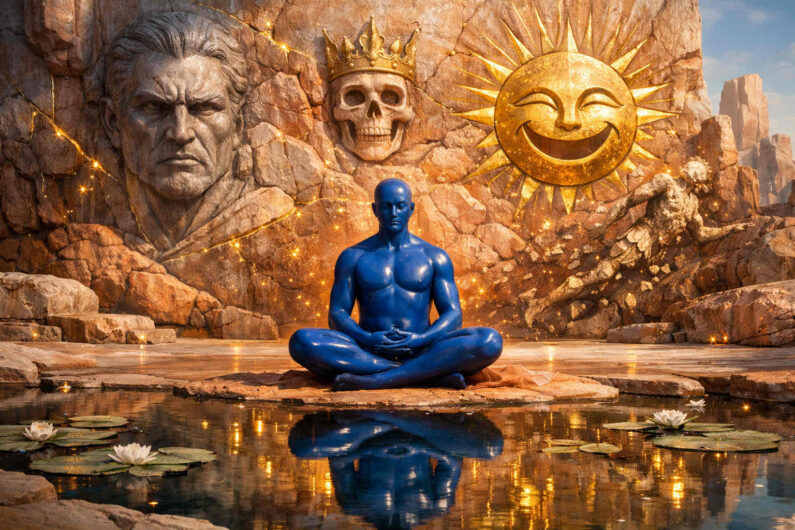 Blau glänzende menschliche Figur sitzt meditierend vor einer felsigen Wand mit eingraviertem Männerkopf, Totenschädel mit Krone und lachender goldener Sonne. Funkenartige Lichtpartikel schweben über einem stillen Wasserbecken mit Seerosen. Die Szene verbindet spirituelle Ruhe mit Symbolen von Macht, Tod und kosmischer Ironie in warmem Wüstenlicht.