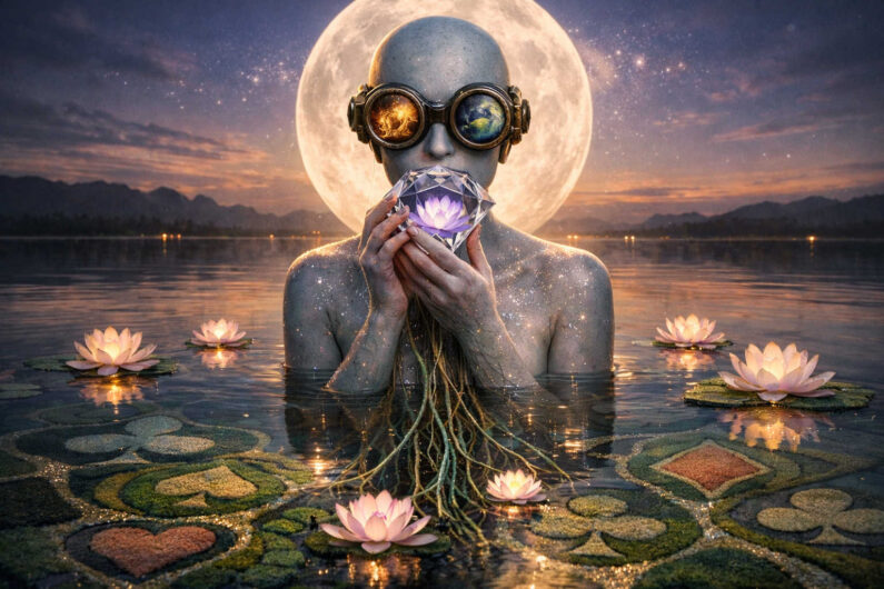 Eine glitzernde humanoide Gestalt steht bis zur Brust in einem stillen See vor einem riesigen Vollmond und hält einen kristallinen Lotus an den Mund. In den runden Schutzbrillen spiegeln sich zwei unterschiedliche Welten. Um die Figur treiben leuchtende Seerosen auf ornamentartigen Wasserflächen. Feine Wurzeln wachsen aus ihrem Körper ins Wasser hinab und verbinden Natur, Traum und Technik zu einer stillen Vision.