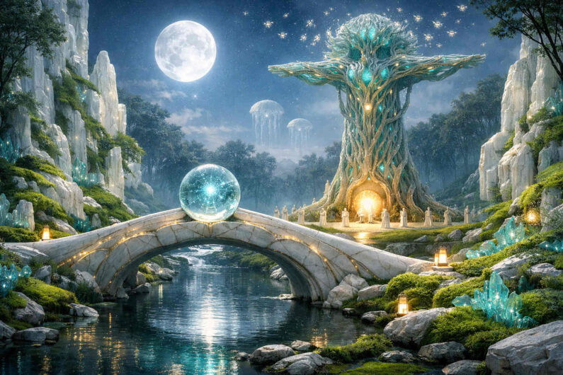 Fantastische nächtliche Landschaft mit leuchtender Steinbrücke über einem ruhigen Fluss und einer gläsernen Kugel im Zentrum. Im Hintergrund erhebt sich ein riesiger baumartiger Tempel mit türkisfarbenen Lichtadern, umgeben von weiß gekleideten Gestalten. Vollmond, schwebende Quallenformen und kristalline Felsen verleihen der Szene eine märchenhafte, spirituelle Atmosphäre. 114 — Schlangenkult im smaragdgrünen Höhlengarten