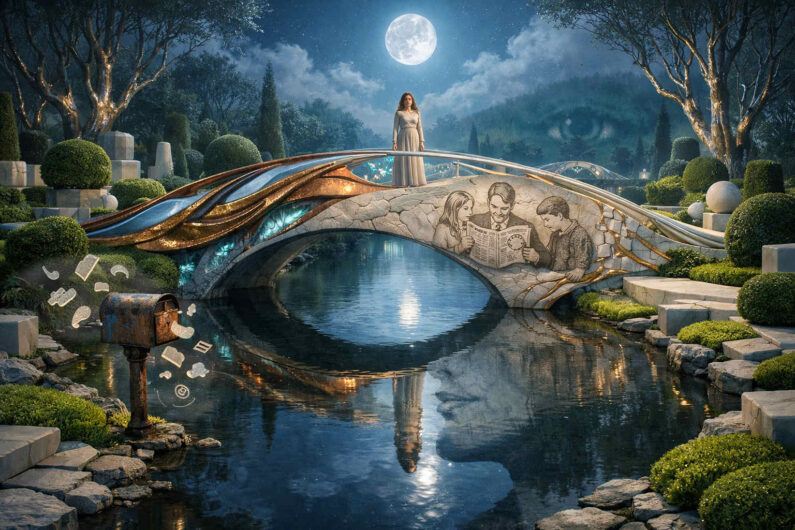 Nächtlicher Garten mit geschwungener Brücke über ruhigem Wasser unter hellem Vollmond. Auf der Brücke steht eine Frau im weißen Kleid, während Steinreliefs Menschen beim Lesen zeigen. Gepflegte Hecken und geometrische Formen umgeben die spiegelnde Wasserfläche. Ein alter Briefkasten mit schwebenden Symbolen verleiht der Szene poetische Rätselhaftigkeit.