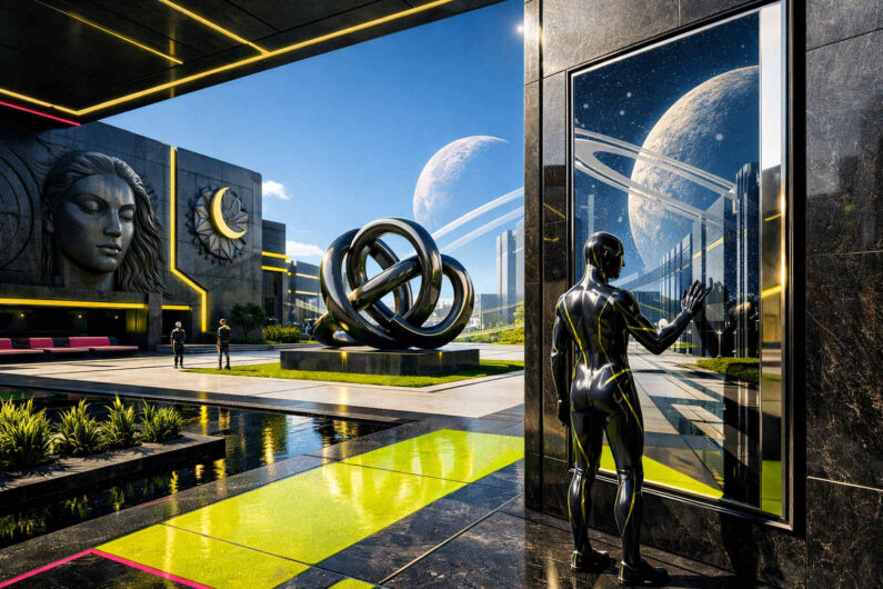 Eine schwarz glänzende humanoide Figur berührt eine hohe spiegelnde Fläche in einem futuristischen Innenhof. Im Hintergrund stehen monumentale Ring-Skulpturen und moderne Gebäude mit goldenen Lichtlinien. Durch ein riesiges Fenster sind ein Planet und leuchtende Ringbahnen am Himmel sichtbar. Die Atmosphäre wirkt still, kühl und von kosmischer Sehnsucht erfüllt.