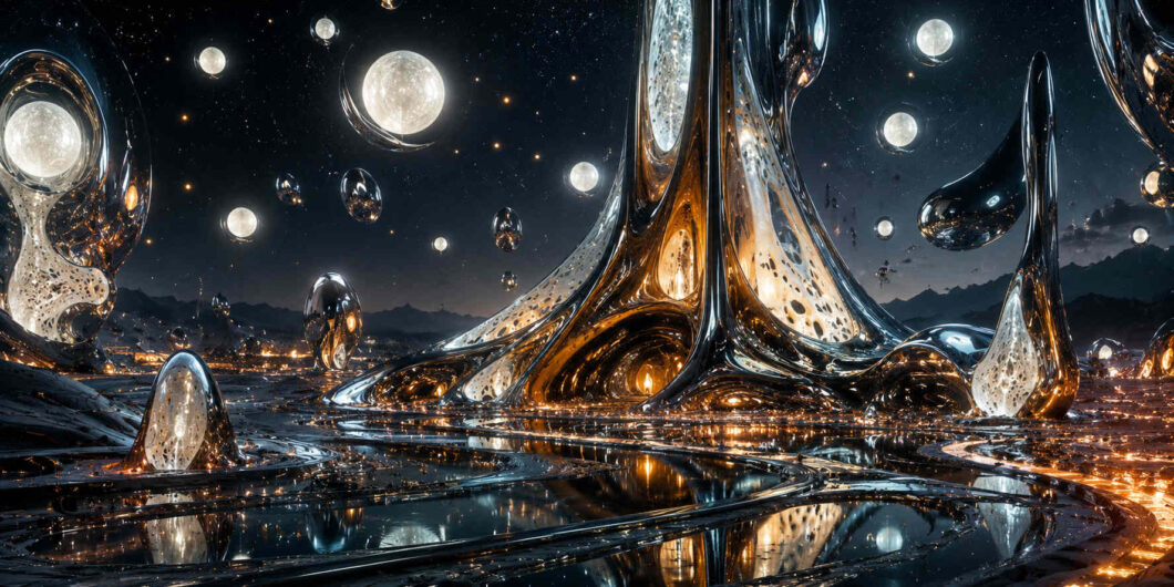 Nachtlandschaft mit monumentalen spiegelnden Formationen aus schwarzem und silbernem Material unter zahlreichen hellen Monden. Leuchtende Öffnungen in den Strukturen werfen warmes goldenes Licht auf spiegelnde Wasserflächen. Kleine schwebende Tropfenformen und ferne Berge verstärken den surrealen Eindruck. Die Szene verbindet futuristische Ästhetik mit ruhiger kosmischer Weite.