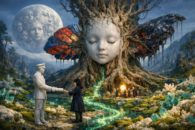 Gewaltiger Baum mit kindlichem Gesicht wächst in einer fantastischen Landschaft voller Kristalle und leuchtender Wasseradern. Hinter dem Baum erscheint ein riesiger Mond mit mehreren menschlichen Gesichtern. Eine kleine Gruppe von Menschen versammelt sich an einem leuchtenden Eingang, während ein weiß gekleideter Mann einem Mädchen ein Dokument überreicht. Die Szene wirkt märchenhaft, geheimnisvoll und symbolisch aufgeladen.