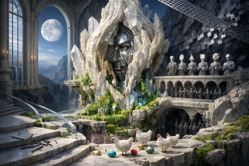 In einer riesigen Halle mit Blick auf einen Vollmond erhebt sich eine kristallartige Skulptur mit einem metallischen Gesicht im Inneren. Reihen identischer Figuren mit geometrischen Köpfen stehen auf steinernen Galerien und beobachten die Szenerie. Weiße Hühner und bunte Eier im Vordergrund erzeugen einen surrealen Kontrast zur monumentalen Architektur.