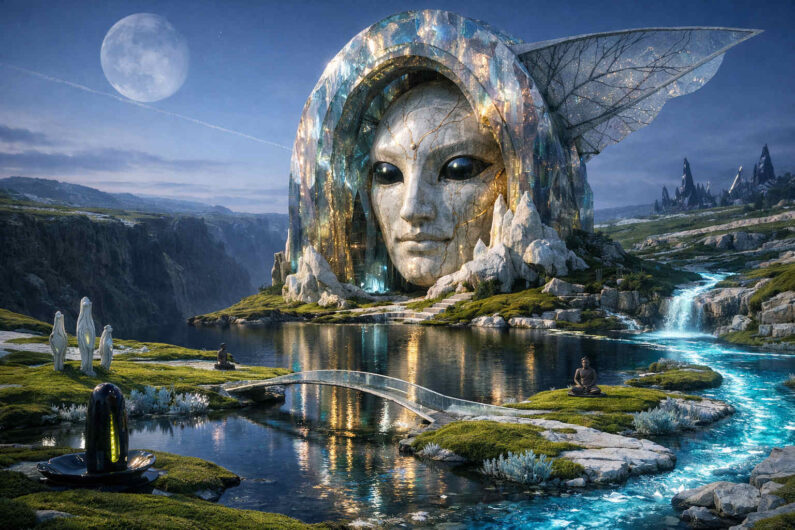 Futuristische Landschaft mit riesigem kristallinem Gesichtsbauwerk an einem leuchtenden Fluss unter einem hellen Mond. Kleine Figuren meditieren zwischen weißen Felsen und gläsernen Brücken. Türkisfarbenes Wasser durchzieht die Szene wie ein Lichtstrom. Die Atmosphäre wirkt ruhig, geheimnisvoll und wie eine Mischung aus Tempel und außerirdischer Naturwelt.