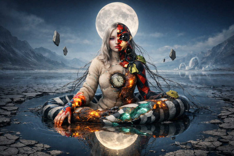 Eine junge Frau sitzt in einer ausgetrockneten Landschaft unter einem riesigen Vollmond, halb Mensch, halb surreal verwandeltes Wesen. Ihre Haut zeigt leuchtende Muster, Uhrenfragmente und organische Einschüsse. Um sie herum schweben Felsen und fremdartige Bögen in der Ferne. Das Bild verbindet Zerbrechlichkeit, Zeit und metaphysische Transformation.