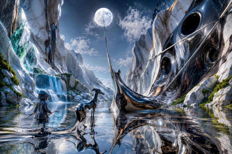 Ein kleines Kind steht mit einer eleganten schwarzen Kreatur in einer spiegelnden Wasserlandschaft aus weißen Marmorschluchten und obsidianartigen Formen. Riesige kristalline Strukturen und metallisch geschwungene Gebilde reflektieren den Vollmond am Himmel. Das Wasser wirkt wie flüssiges Glas und verdoppelt die gesamte Szene in schimmernden Spiegelungen. Die Mischung aus futuristischer Architektur, kristalliner Natur und stiller Traumlogik erzeugt eine beinahe sakrale Atmosphäre.