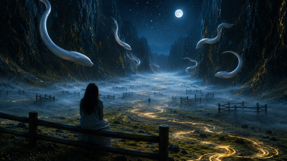 Nächtliche Schluchtlandschaft unter hellem Vollmond mit mehreren riesigen weißen aalartigen Wesen, die lautlos durch die Luft gleiten. Ein golden leuchtender Fluss windet sich durch neblige Ebenen zwischen hohen dunklen Felswänden. Im Vordergrund sitzt eine einsame Person an einem Holzzaun und blickt in die surreale Tiefe der Landschaft. Dünner Nebel bedeckt den Boden und verstärkt die traumhafte Atmosphäre der Szene. Kalte Blautöne dominieren das Bild und werden von warmen goldenen Lichtlinien durchzogen.