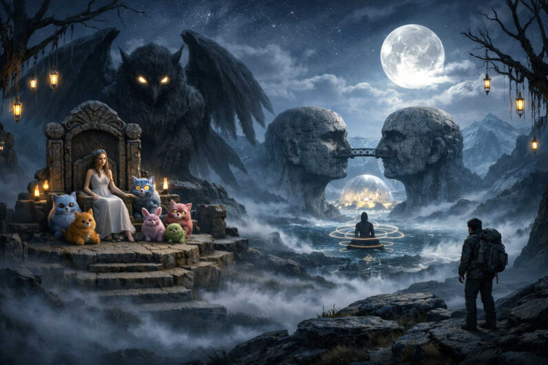 Fantastische nächtliche Landschaft mit einer Frau auf steinernem Thron und mehreren bunten, katzenähnlichen Kreaturen. Im Hintergrund erhebt sich ein riesiges dunkles geflügeltes Wesen mit leuchtenden Augen. Zwei monumentale Steinköpfe sind durch eine Brücke verbunden und spiegeln sich im Wasser. Nebel, Laternenlicht und Vollmond verleihen der Szene eine traumhafte Stimmung.