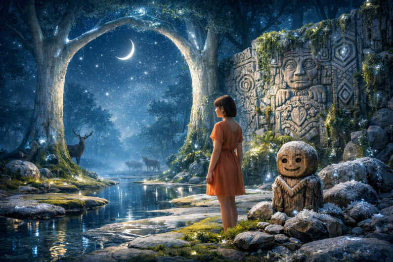Nachtlandschaft mit funkelndem Sternenhimmel, einem halbmondförmigen Lichtbogen zwischen zwei riesigen Bäumen und spiegelndem Wasserlauf. Ein Mädchen im orangefarbenen Kleid blickt in die magische Waldszene. Daneben steht eine kleine geschnitzte Holzfigur mit lächelndem Gesicht. Im Hintergrund erscheinen Hirsche und geheimnisvolle steinerne Reliefs.