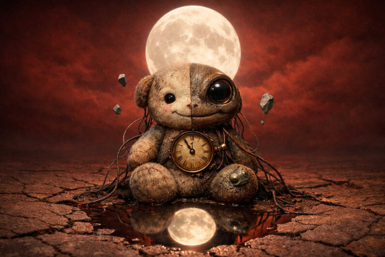 Ein halb zerstörter Teddybär sitzt auf rissigem Boden vor einem riesigen Vollmond am roten Himmel. Eine antike Uhr ist in seinen Körper eingelassen und zeigt eine fast stillstehende Zeit. Die eine Gesichtshälfte wirkt weich und harmlos, die andere dunkel und fremdartig. Kleine Steine schweben neben dem Kopf wie schwerelose Erinnerungen. Die Spiegelung des Mondes im Wasser verstärkt die melancholische Traumstimmung.