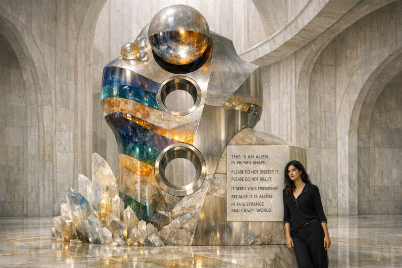 Futurale Skulptur aus Metall, Kristall und Marmor in einer riesigen hallenartigen Architektur. Neben dem Objekt steht eine dunkel gekleidete Frau vor einer eingravierten Botschaft über ein einsames außerirdisches Wesen. Glänzende Kugeln und kristalline Einschlüsse verleihen der Szene einen surrealen Charakter. Das Bild verbindet Science-Fiction, Monumentalkunst und stille Melancholie.