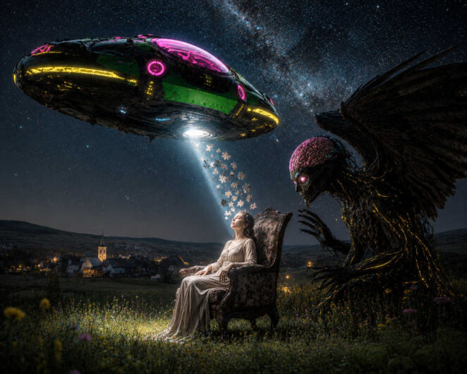Über einer nächtlichen Landschaft schwebt ein futuristisches UFO mit neonfarbenen Lichtkreisen und wirft einen hellen Strahl auf eine Frau in einem Sessel. Kleine leuchtende Partikel steigen aus ihrem Kopf empor wie Gedanken oder Erinnerungen. Neben ihr kauert eine dunkle geflügelte Kreatur mit freiliegendem Gehirn und glühenden Augen, die die Szene beobachtet. Im Hintergrund liegt ein Dorf mit beleuchteter Kirche unter einem sternenklaren Himmel. Die Mischung aus friedlicher Nachtstimmung und bedrohlicher Fantasie erzeugt eine surreale Spannung. Das Bild erinnert an eine moderne Vision zwischen Science-Fiction, Traum und Albtraum.