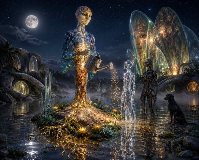 Eine riesenhafte humanoide Figur aus gläsernen und mosaikartigen Strukturen steht in einem stillen nächtlichen Gewässer unter hellem Mondlicht. Aus einer Gießkanne rieseln goldene Lichtpartikel auf eine transparente menschliche Gestalt herab. Daneben stehen eine dunkle skelettartige Figur und ein schwarzer Hund im Wasser und beobachten die Szene schweigend. Im Hintergrund leuchten organische Gebäude und kristallartige Formen wie fremdartige Blüten. Das Bild verbindet Melancholie, spirituelle Symbolik und futuristische Fantasie zu einer poetischen Traumwelt voller Stille und Geheimnis.