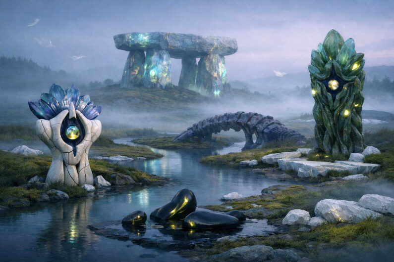 Mystische Moorlandschaft mit steinartigen Monumenten, dunklen glänzenden Formen und einem nebelumhüllten Steinkreis im Hintergrund. Ein bogenförmiges Objekt spannt sich über einen kleinen Wasserlauf. Grünlich leuchtende Details verleihen den fremdartigen Skulpturen Leben. Die Szene erinnert an eine Mischung aus Fantasy und Science-Fiction.