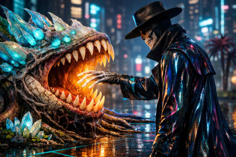 Eine skelettartige Gestalt mit schwarzem Hut und glänzendem Mantel streckt die Hand in das leuchtende Maul eines riesigen Monsters. Die Kreatur besitzt gewaltige Zähne und kristallartige Auswüchse, die türkisfarben schimmern. Im Hintergrund verschwimmen die Lichter einer futuristischen Stadt im Regen. Das orange Leuchten aus dem Inneren des Wesens erzeugt eine bedrohliche, fast höllische Atmosphäre. Das Bild verbindet Cyberpunk, Horror und surreale Fantasie.
