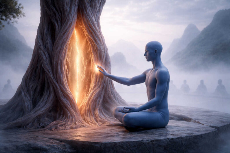 Eine blassblaue humanoide Figur sitzt meditierend vor einem gigantischen Baum, dessen Stamm von einem leuchtenden Spalt durchzogen wird. Die Hand der Figur nähert sich vorsichtig dem warmen Licht im Inneren des Holzes. Nebel, ferne Berge und schemenhafte Gestalten schaffen eine mystische Atmosphäre. Das Bild erinnert an eine stille Begegnung mit etwas Ursprünglichem.
