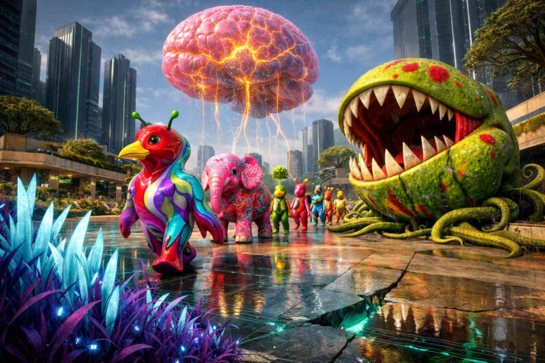 Bunte fantasieartige Figuren marschieren durch eine futuristische Stadtlandschaft mit glänzenden Straßen und hohen Gebäuden. Über ihnen schwebt ein riesiges leuchtendes Gehirn mit elektrischen Energieadern. Neben der Straße öffnet eine gigantische fleischfressende Pflanzenkreatur ihr Maul voller scharfer Zähne. Die Szene wirkt verspielt und bedrohlich zugleich und spiegelt sich auf dem nassen Boden.