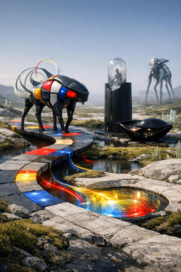 Futuristische Landschaft mit geometrischem Tierwesen auf einem steinernen Weg, durchzogen von leuchtenden roten, blauen und gelben Lichtlinien. Neben gläsernen Kapseln und schwarzen Objekten steht im Hintergrund eine mechanische Kreatur auf langen Beinen. Das Wasser reflektiert die Farben wie flüssiges Neonlicht. Die Szene verbindet abstrakte Kunst, Science-Fiction und stille Weite.
